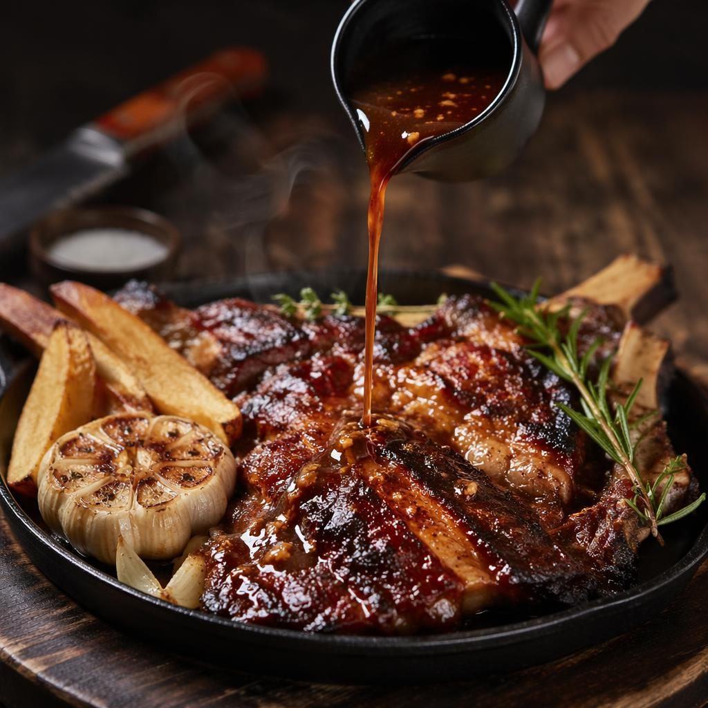 Dark moody editorial photo of a plated meat dish with pouring sauce, steam rising, sharp focus and blurred bistro background.