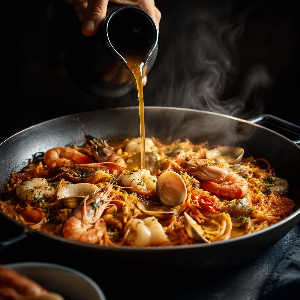 Plato de fideua asian fusion con emplatado preciso, vapor en acción, luz natural dramática y fondo desenfocado