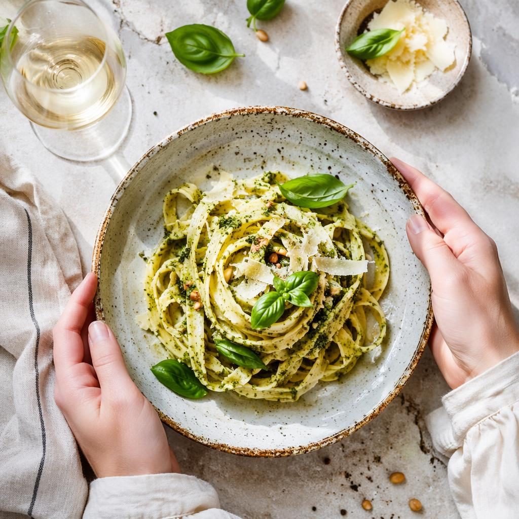 Plat italien rustique dressé avec soin, vue de dessus avec mains visibles, lumière naturelle, ambiance claire et fraîche.