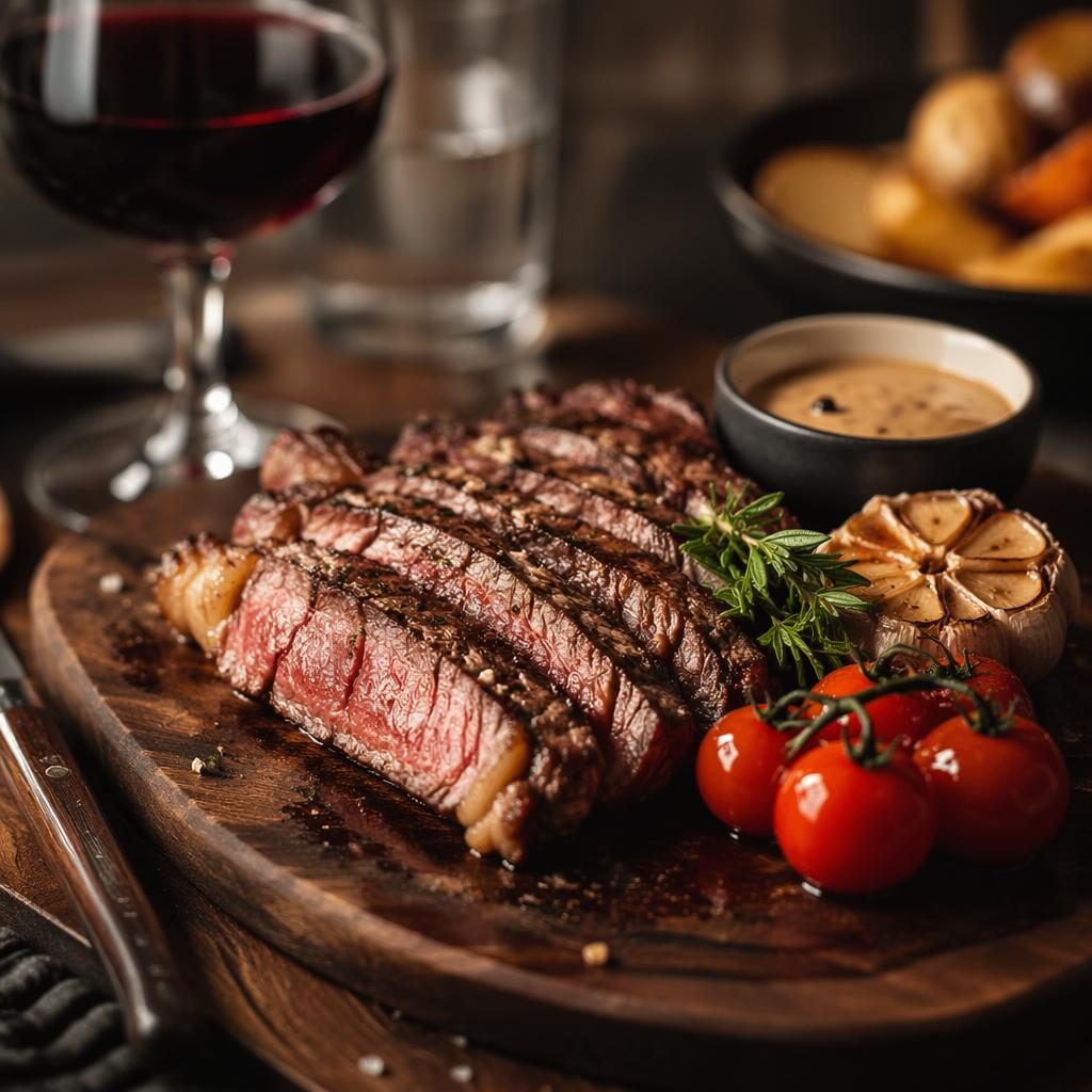 Plat de steakhouse sur planche en bois, vue de face, lumière naturelle douce, fond flou et ambiance intime