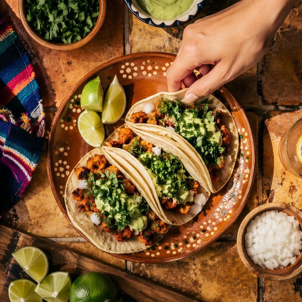 Overhead editorial photo of a vegan Mexican dish on classic ceramic plating with hands visible in bright natural light.