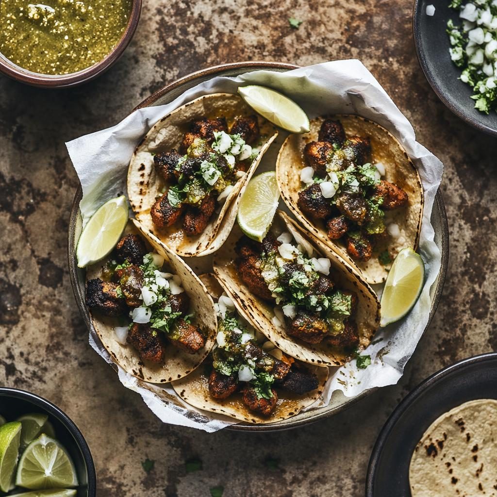 Top-down flat lay of authentic street food on rustic plating with earthy tones, natural light, and subtle photography grain.
