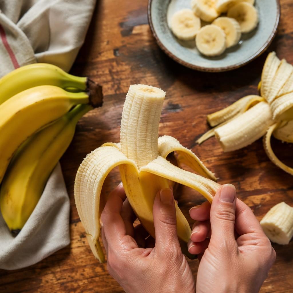 Overhead editorial food photo of banana on rustic Italian-style plating with hands in frame, bright natural light.