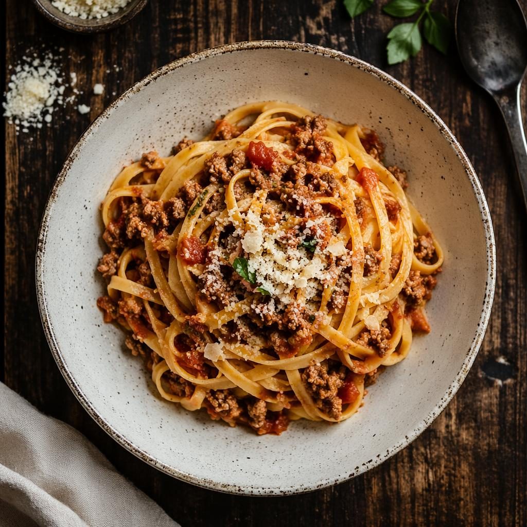 Plato de pasta a la boloñesa visto desde arriba, emplatado minimalista con luz natural y fondo desenfocado
