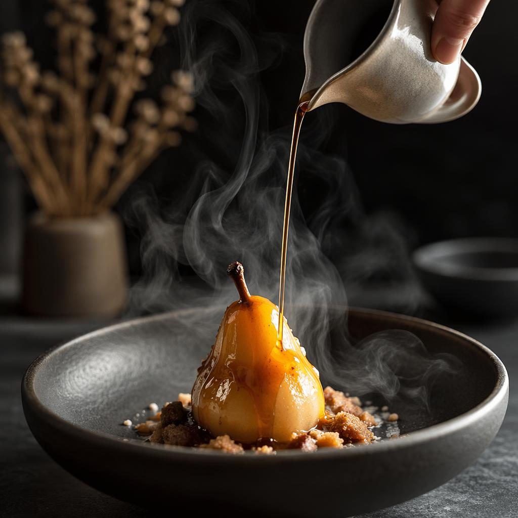 Editorial food photo of a modern bistro dessert with sugar pour action, dark moody lighting, sharp focus and blurred background.