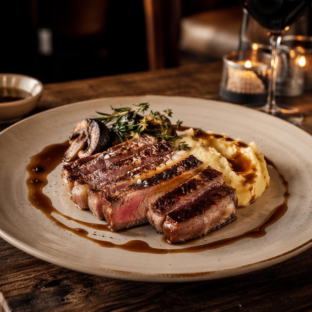 Photo éditoriale d’un plat de steakhouse dressé avec précision, vue de face, lumière naturelle et fond flou.