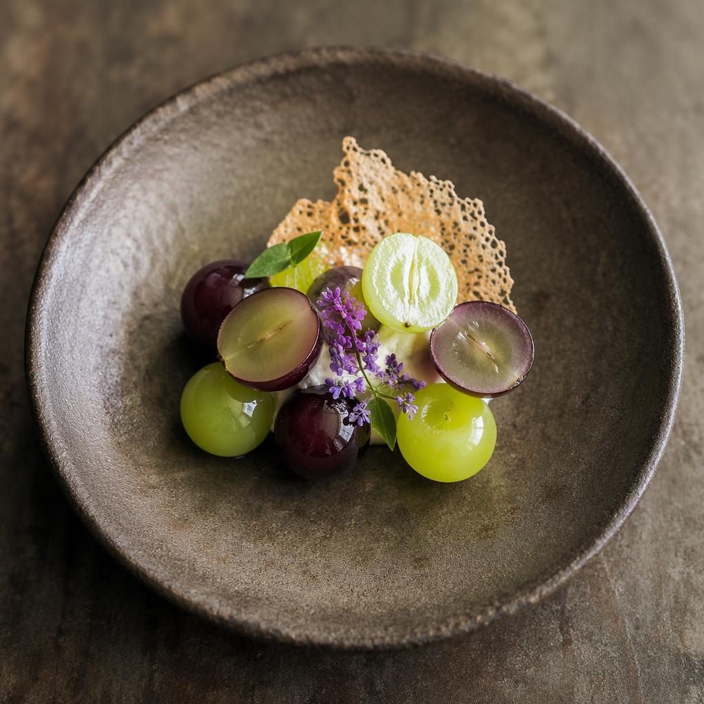 Top-down editorial photo of Japanese kaiseki plating with grapes, rustic earthy styling, natural light, and sharp focus.
