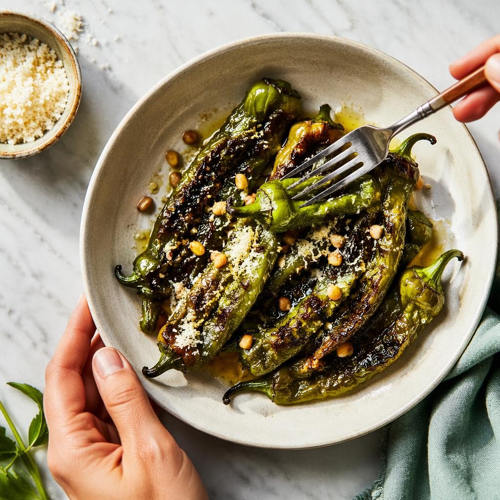 Overhead editorial food photo of a rustic Italian dish with green peppers, artistic plating, and hands in bright natural light