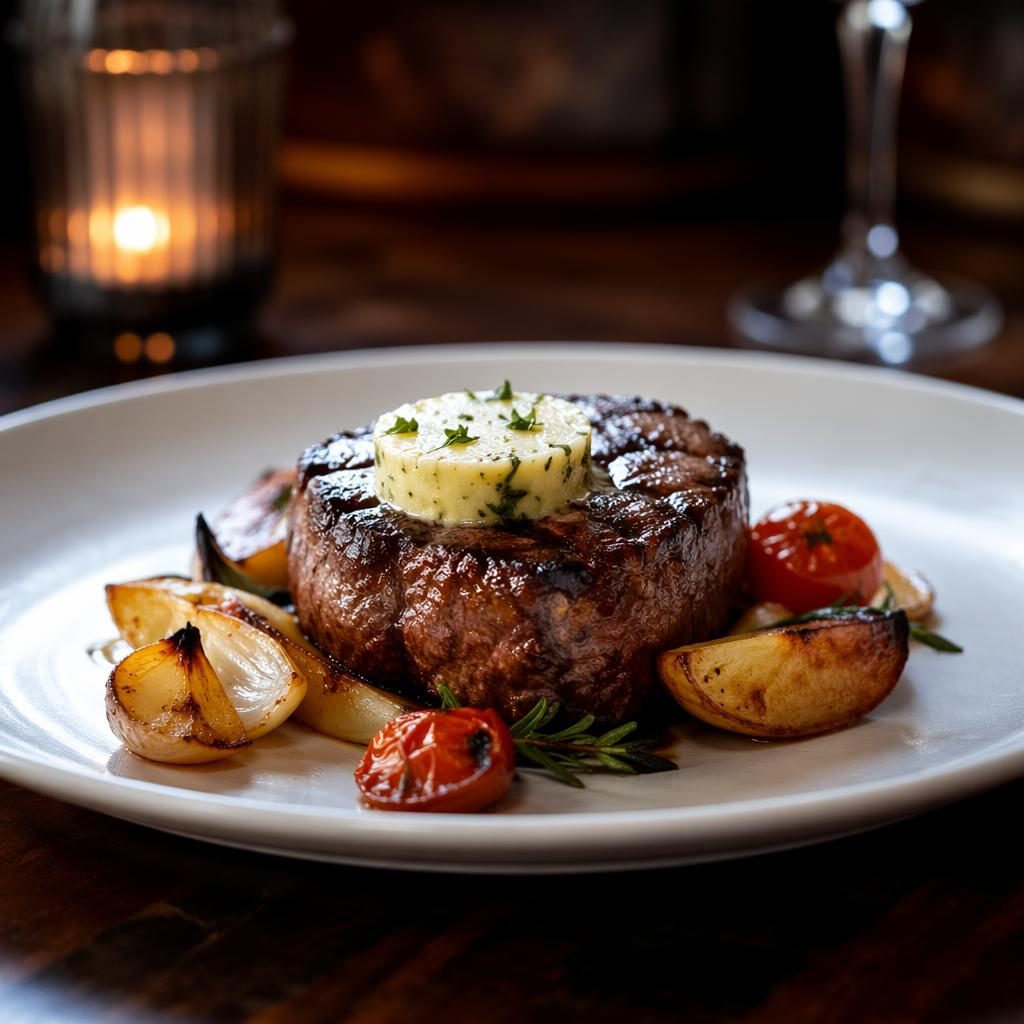 Straight-on editorial photo of a precision-plated steakhouse dish in cozy natural light with sharp focus and blurred background.