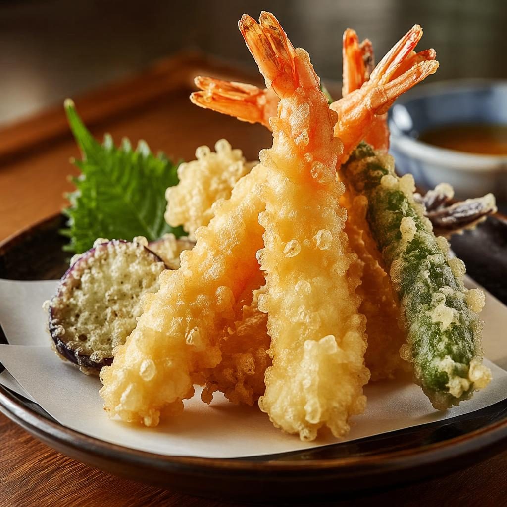 Straight-on hero shot of a tempura dish with Michelin-style plating in a cozy steakhouse setting and blurred background.