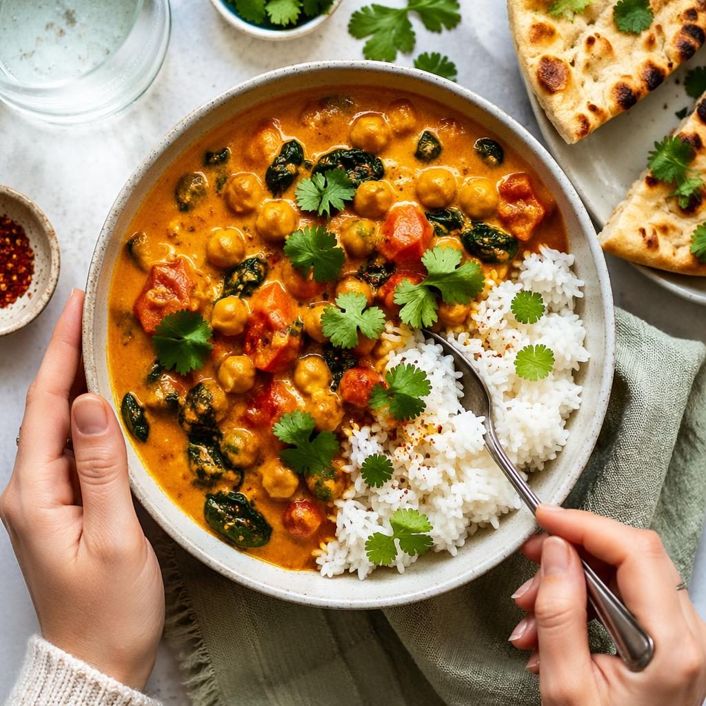 Overhead editorial photo of a vegan curry dish with casual plating, visible hands, bright natural light, and airy styling.