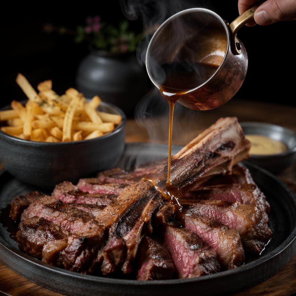 Côte de bœuf avec frites, dressage asian fusion, vapeur et sauce versée, lumière naturelle, ambiance sombre