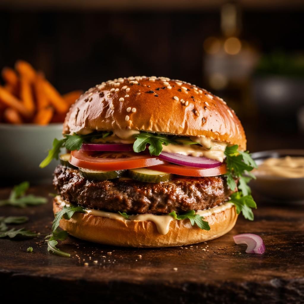 Straight-on editorial photo of a Mediterranean-style burger on minimal plating with cozy natural light and blurred background.