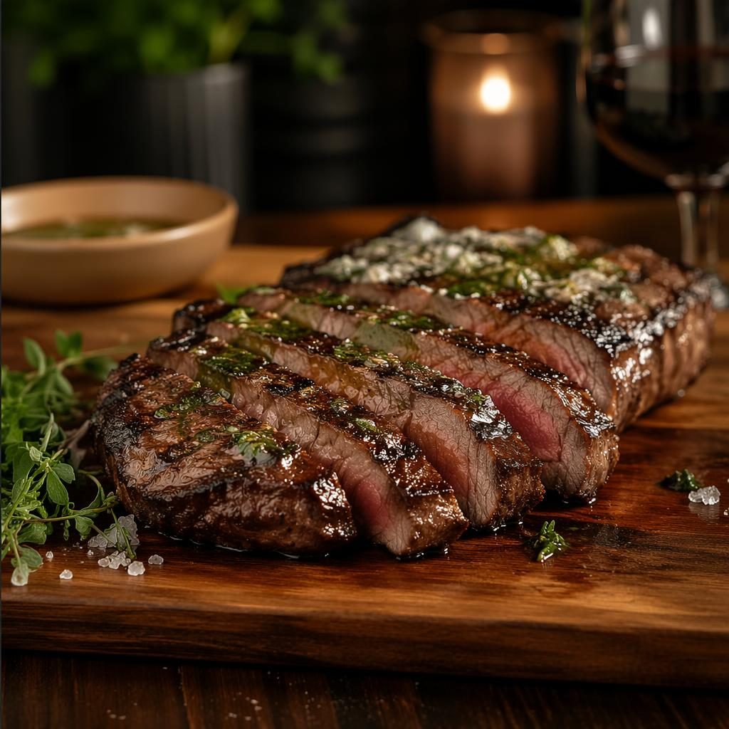 Straight-on editorial photo of a steakhouse dish plated on a wooden board in warm natural light with a blurred background.