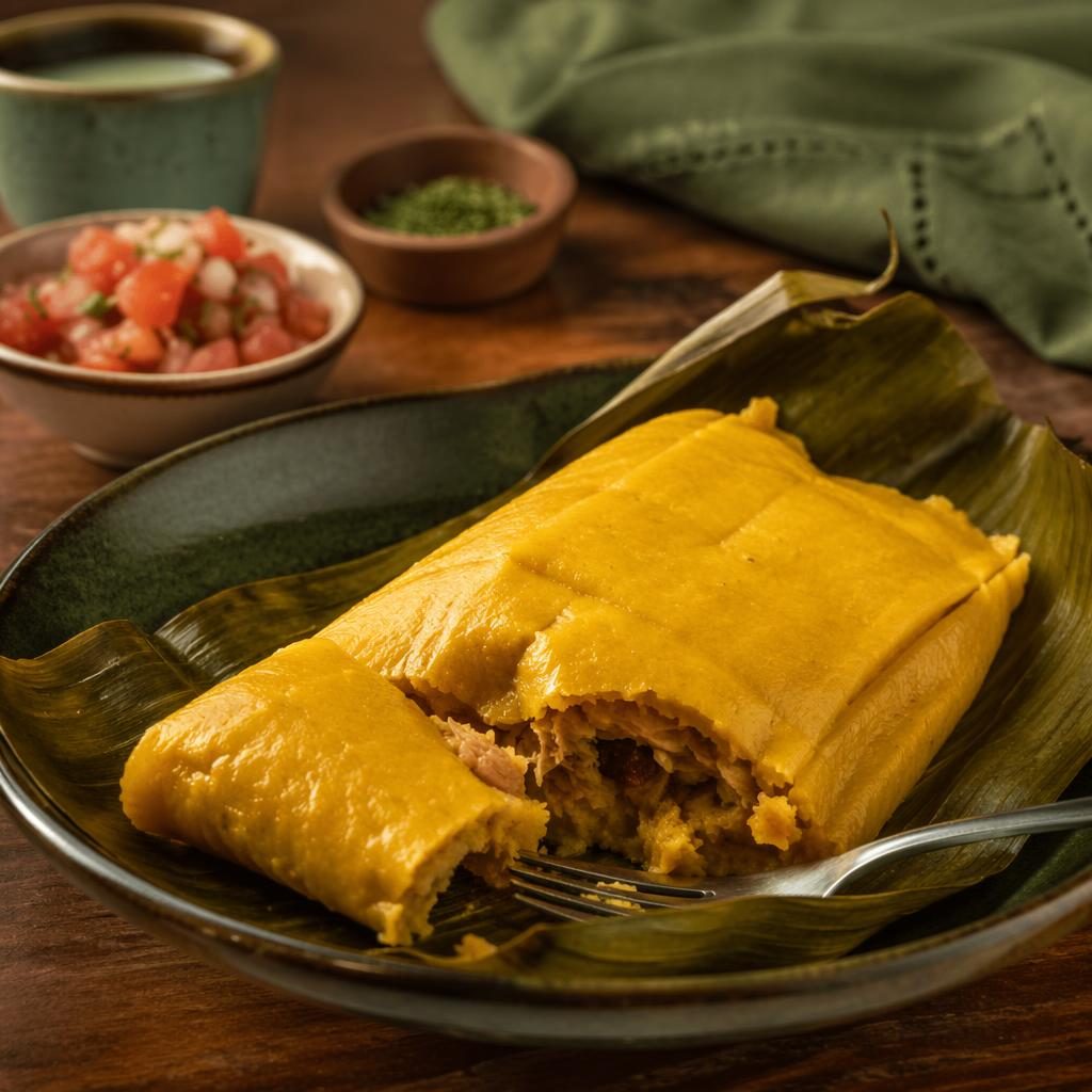 Tamales colombianos servidos en plato rústico con encuadre a 45 grados, luz natural y fondo desenfocado.
