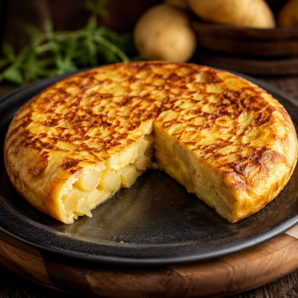 Tortilla de patatas emplatada con precisión, vista frontal, luz natural, fondo desenfocado y ambiente íntimo