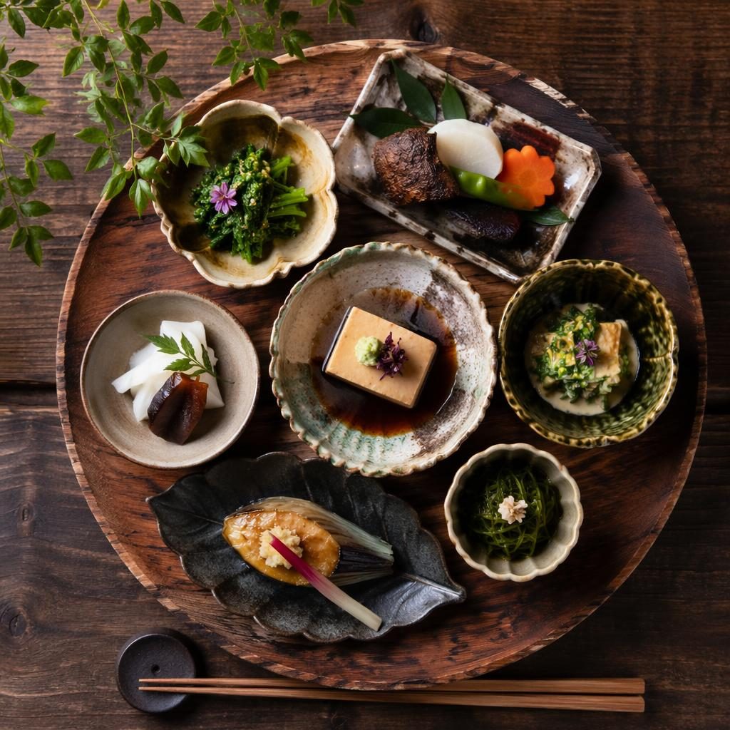 Top-down veg photography of a Japanese kaiseki dish on wood plating in natural light with rustic earthy styling.