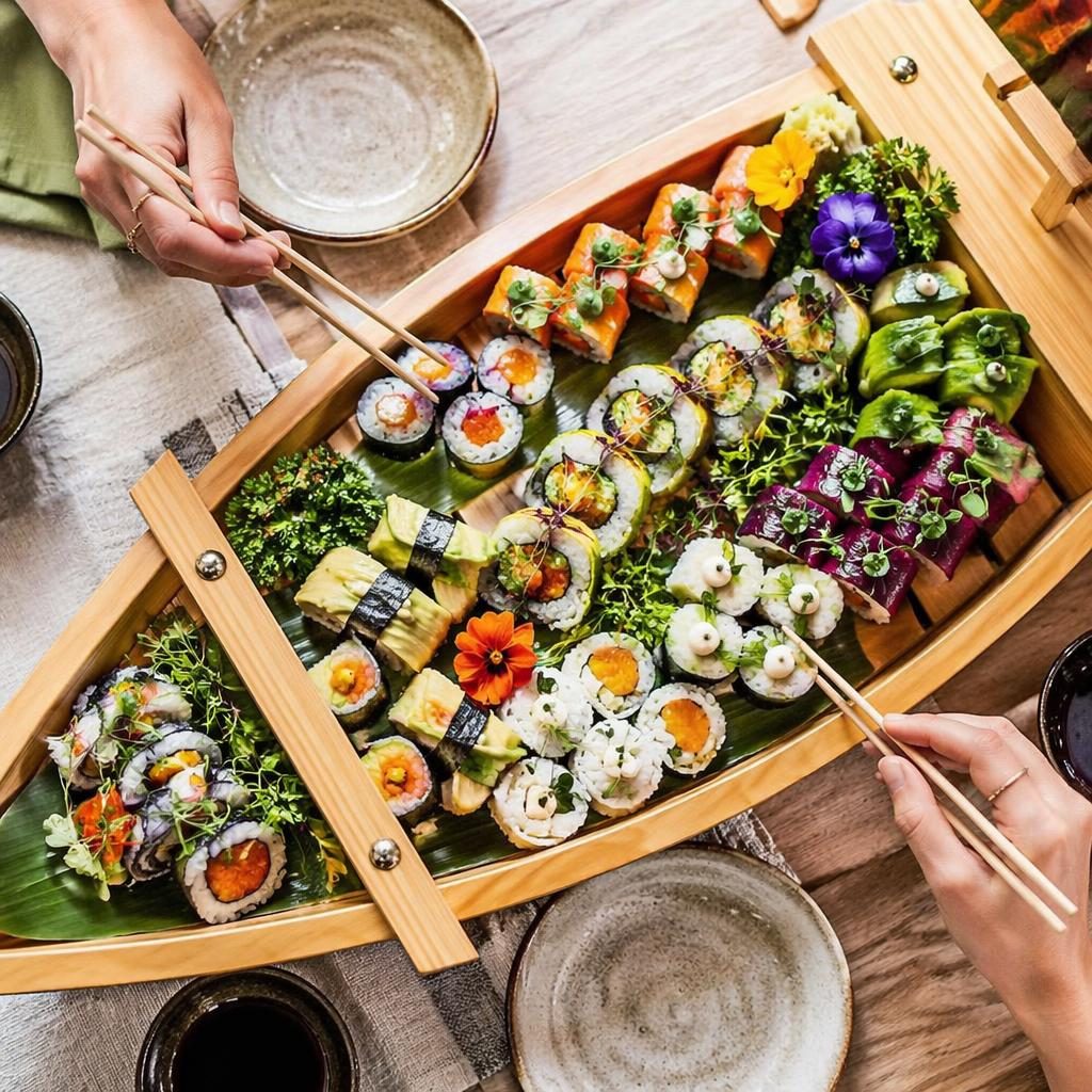 Overhead vegan sushi boat with hands in frame, casual homey plating, bright natural light, and fresh colorful rolls.