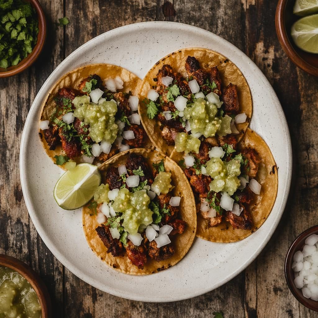 Fotografía cenital de street food con emplatado minimalista, luz natural, tonos rústicos y fondo suavemente desenfocado.