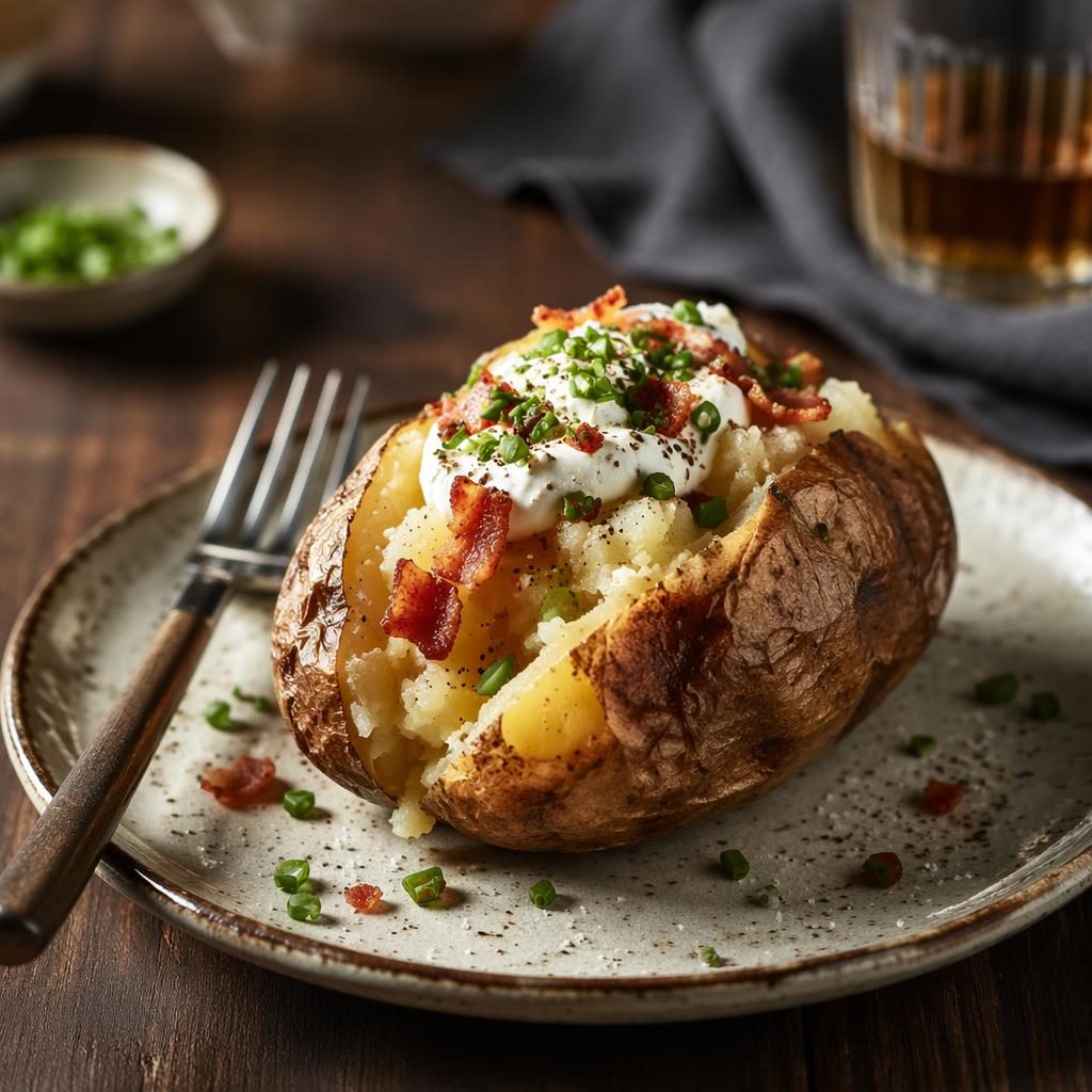 Editorial food photo of a plated potato at a 45-degree angle with rustic cafe styling and soft natural light