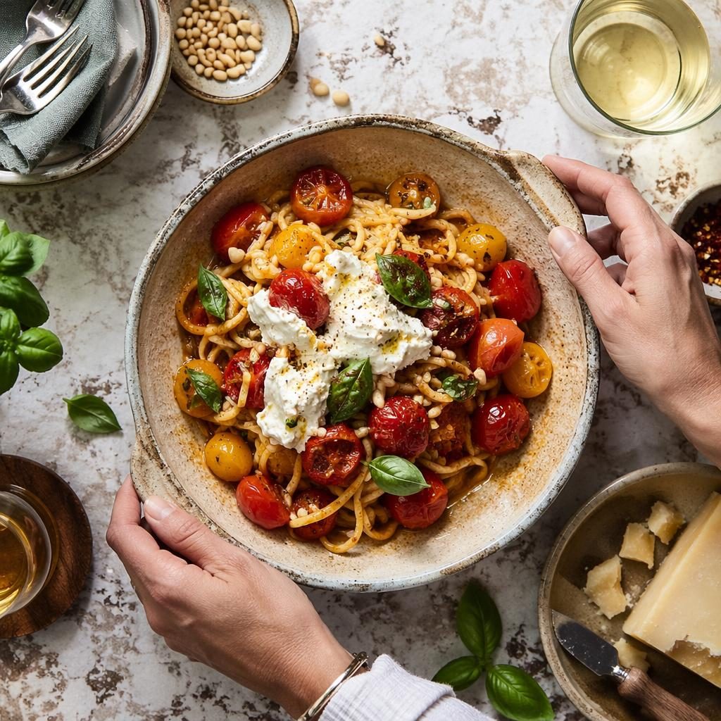 Plat italien rustique généreux vu de dessus avec mains, lumière naturelle douce et ambiance fraîche de restaurant