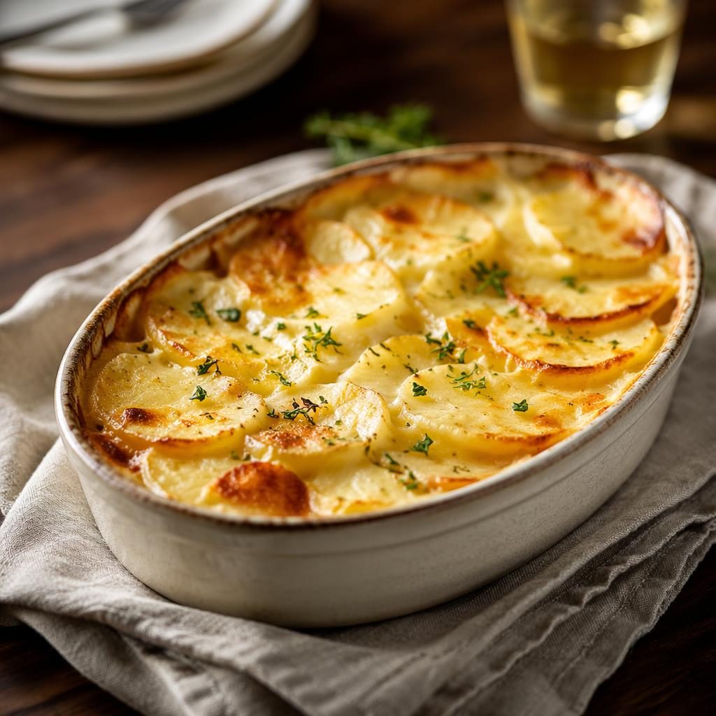 Gratin dauphinois doré en assiette au dressage élégant, photographié à 45 degrés avec fond flou et lumière naturelle