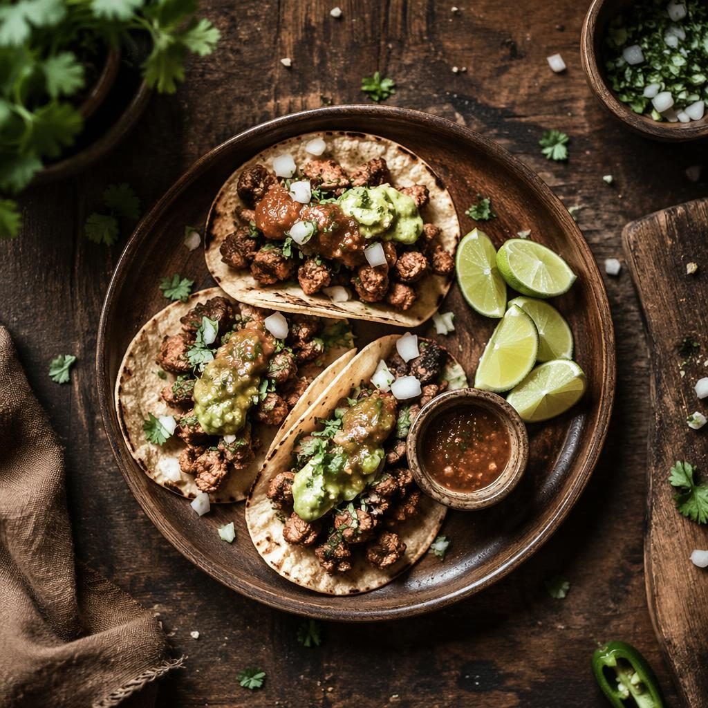 Top-Down-Foto eines authentisch angerichteten Street-Food-Gerichts auf rustikalem Untergrund bei natürlichem Licht