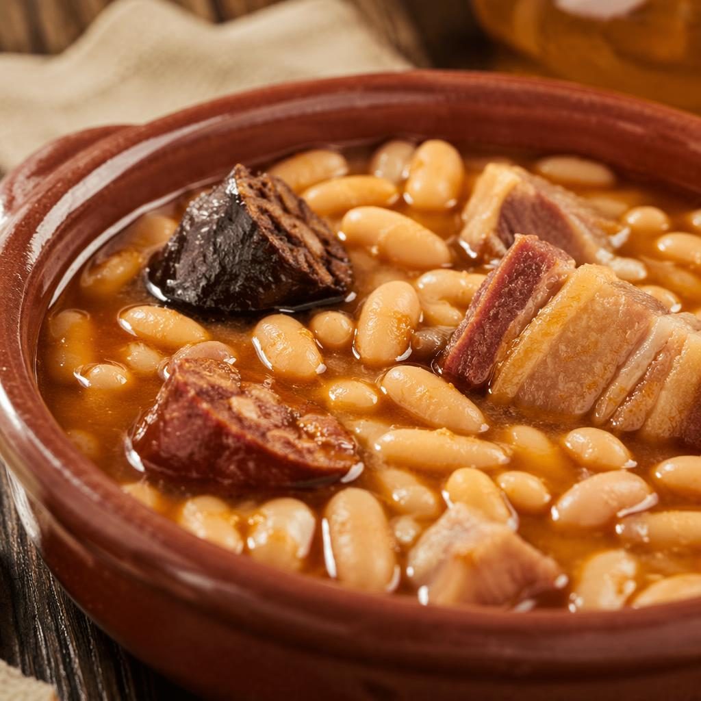 Primer plano de fabada asturiana servida en plato casero, con luz natural cálida y fondo desenfocado.