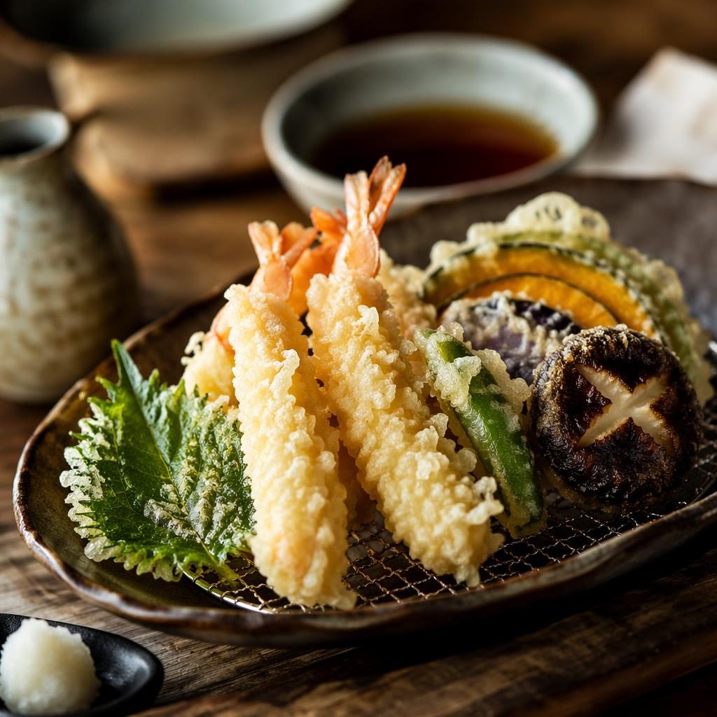 Editorial food photo of a generous tempura platter at a 45-degree angle with natural light and a softly blurred background.