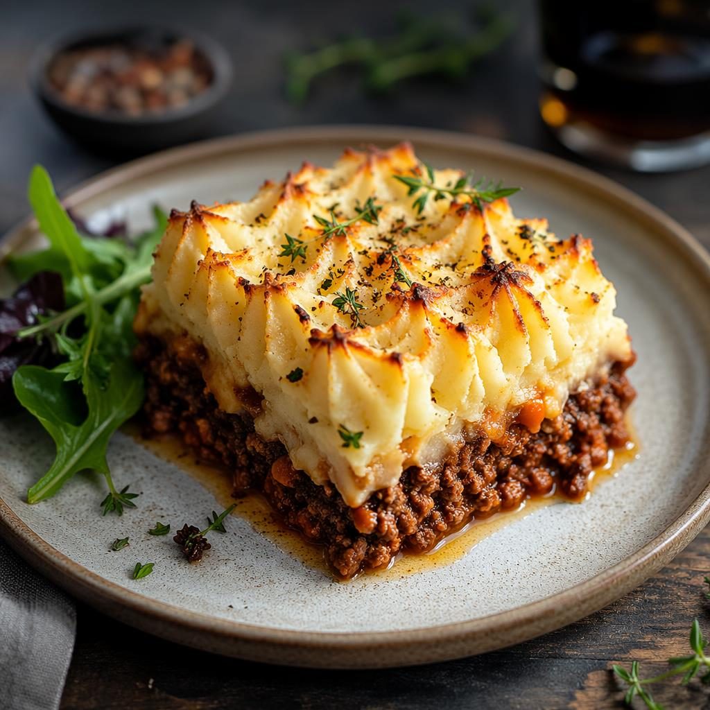 Assiette de hachi parmentier en dressage raffiné, vue à 45 degrés, lumière naturelle, fond flou élégant.
