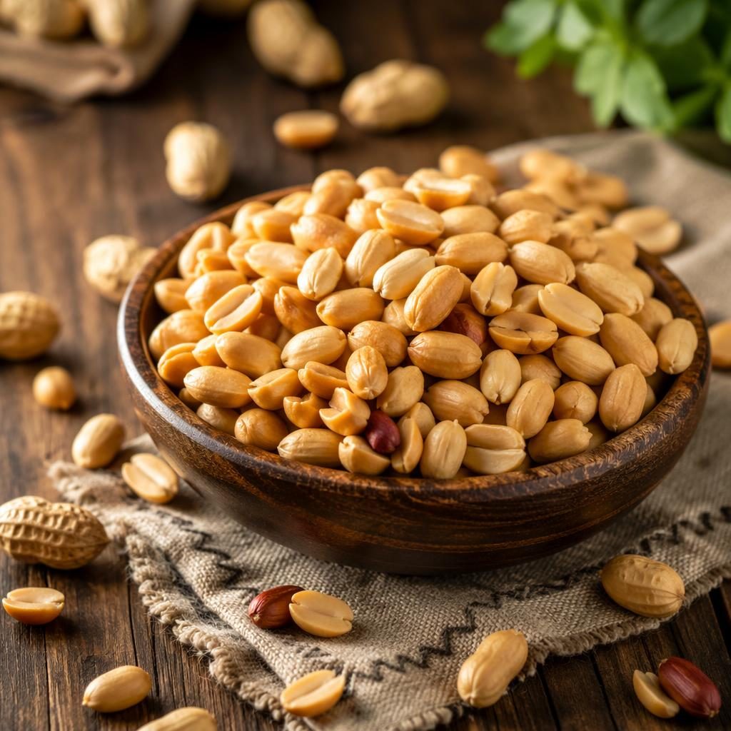 Editorial food photo of a generous rustic peanut dish at a 45-degree angle with natural light and blurred cafe background.