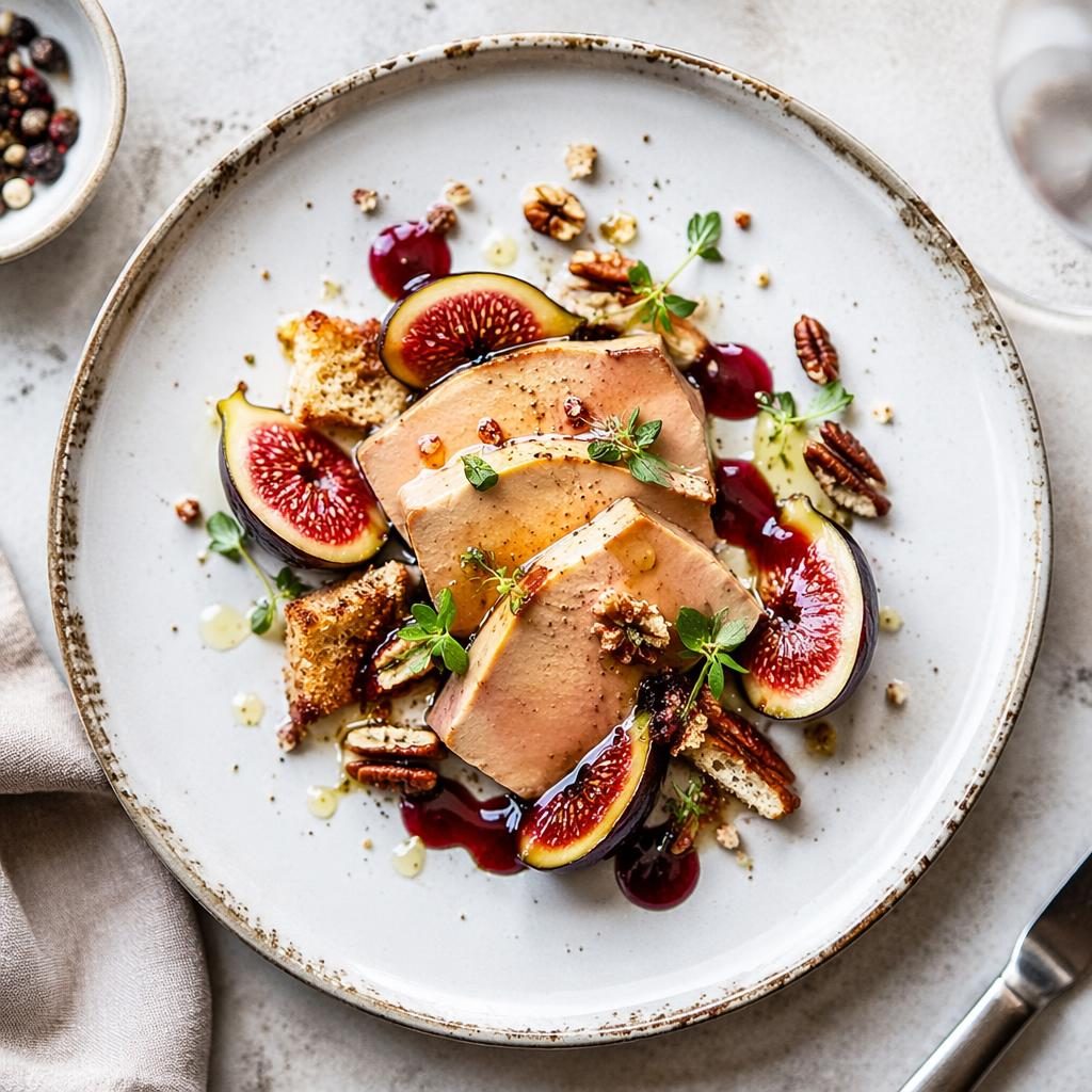Vue du dessus d’une assiette de foie gras au dressage artistique italien, avec mains visibles et lumière naturelle.