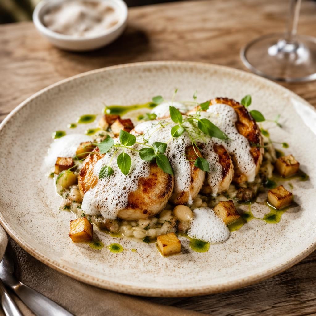 Editorial food photo of an elegant French fine dining sugar dish at a 45-degree angle with natural light and soft blur.