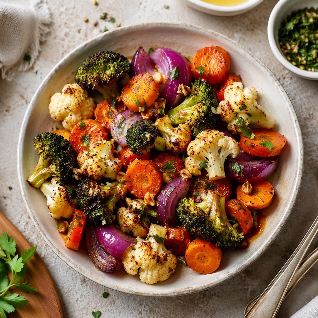 Overhead editorial photo of hands plating a bright vegan vegetable dish in natural light with a soft blurred background.