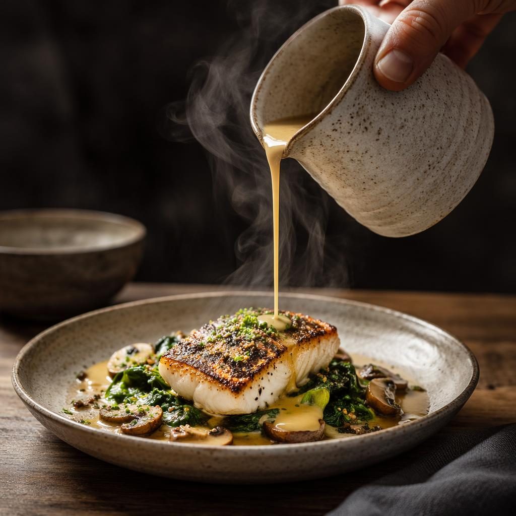 Modern bistro dish with minimal plating, dramatic pour action, steam, sharp focus, and dark moody restaurant lighting