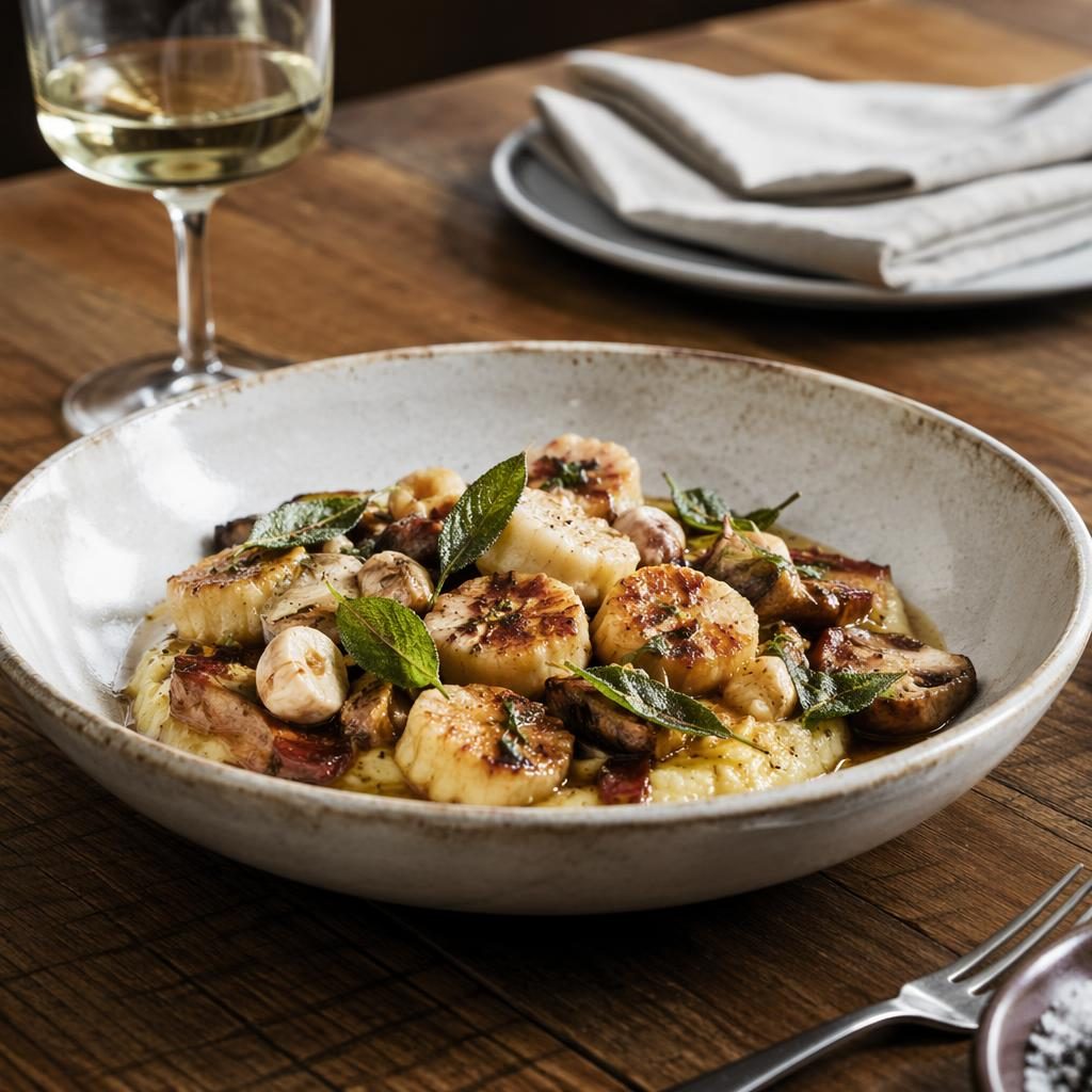Editorial restaurant food photo of a rustic cafe dish with generous plating at a 45-degree angle in soft natural light.
