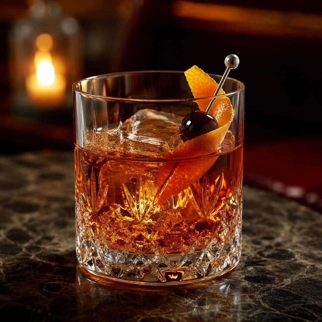 Straight-on drink photo in a Michelin-style steakhouse setting with cozy light, sharp focus, and a blurred restaurant background.