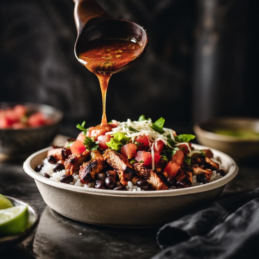 Editorial food photo of a modern bistro dish with chipotle-style plating, dramatic steam, dark moody lighting, and blurred background
