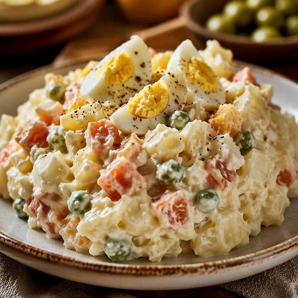 Primer plano macro de una ensaladilla rusa con emplatado casero, luz natural cálida y fondo desenfocado.