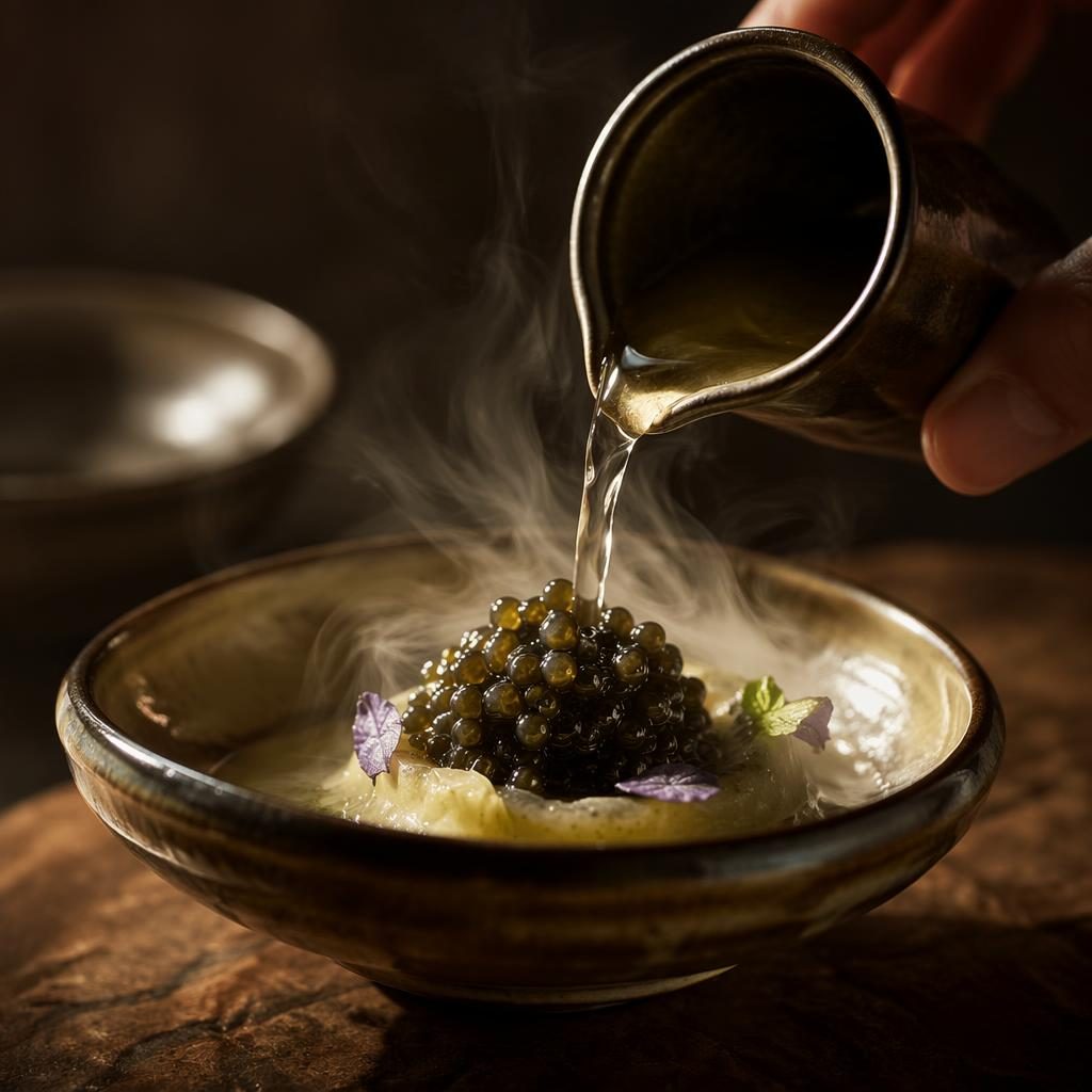 Dark moody editorial photo of an Asian fusion dish with caviar, precise plating, and dramatic pouring action.