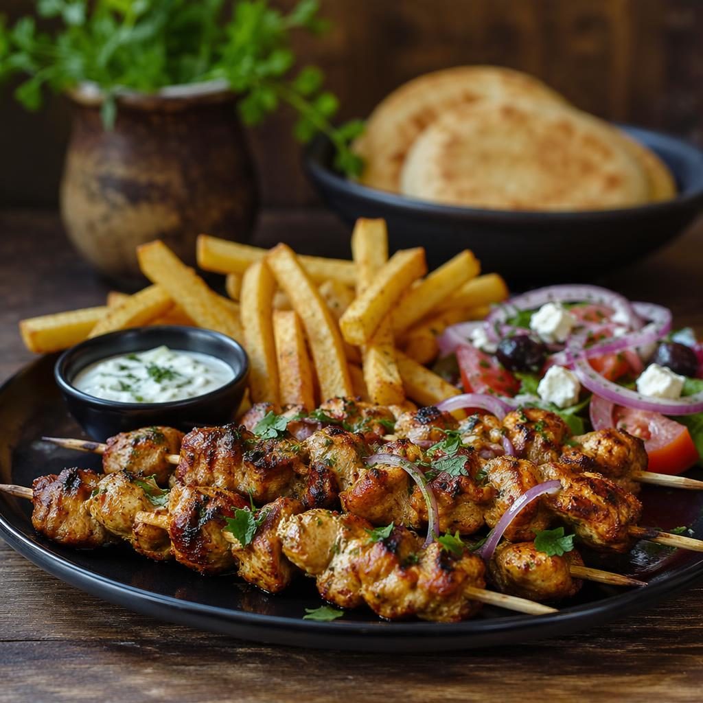 Mediterranes Street-Food-Gericht in authentischer Anrichtung, frontal fotografiert bei natürlichem Licht mit unscharfem Hintergrund.