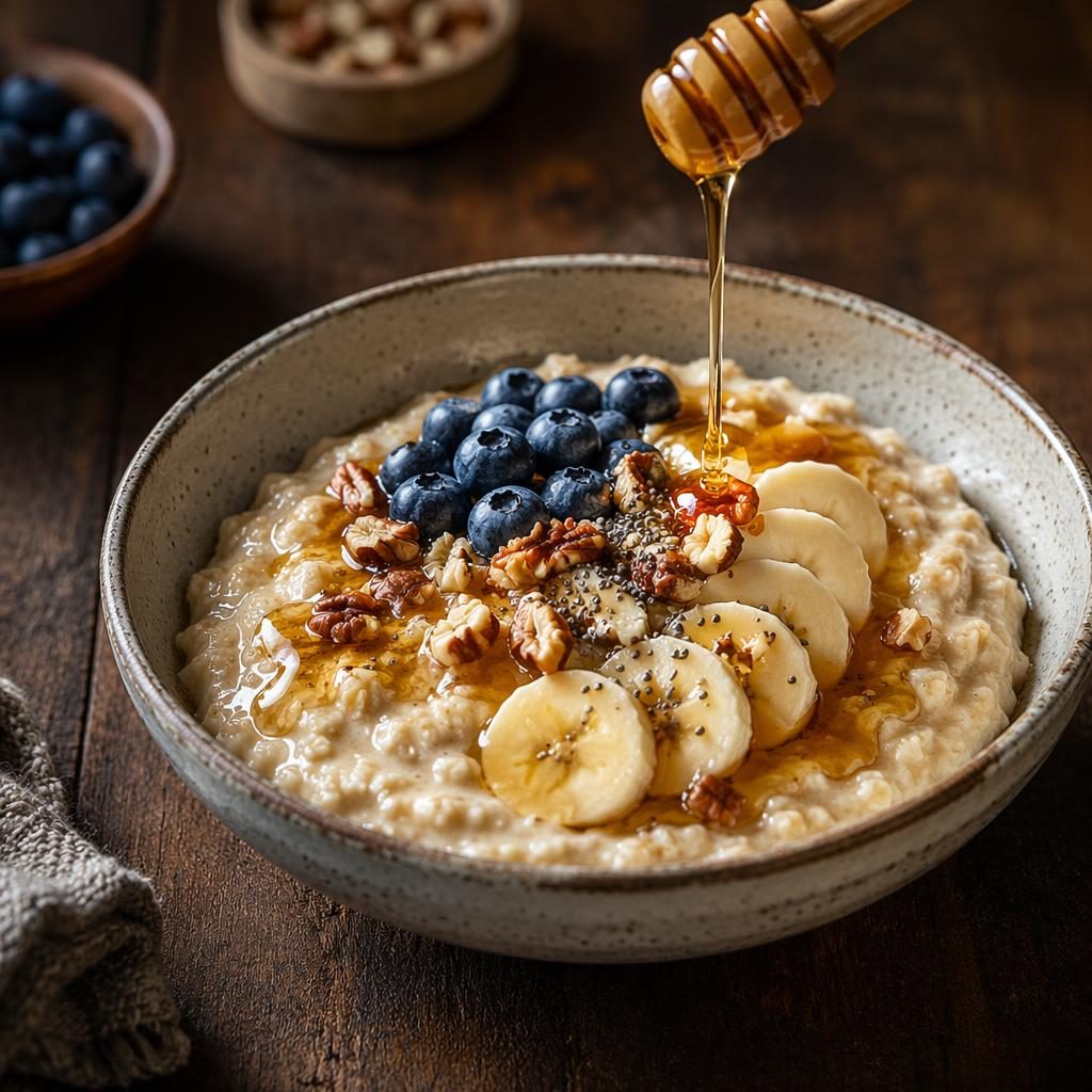 Editorial food photo of a rustic bowl of oats drizzled with honey, shot at a 45-degree angle in soft natural light.