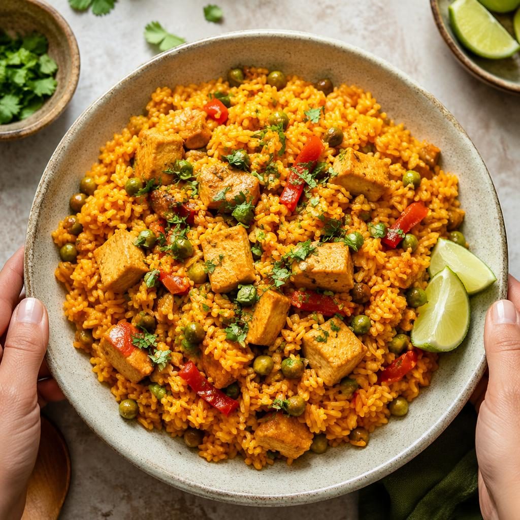 Plato de arroz con pollo vegano en cerámica clásica, vista cenital con manos, luz natural y fondo desenfocado.