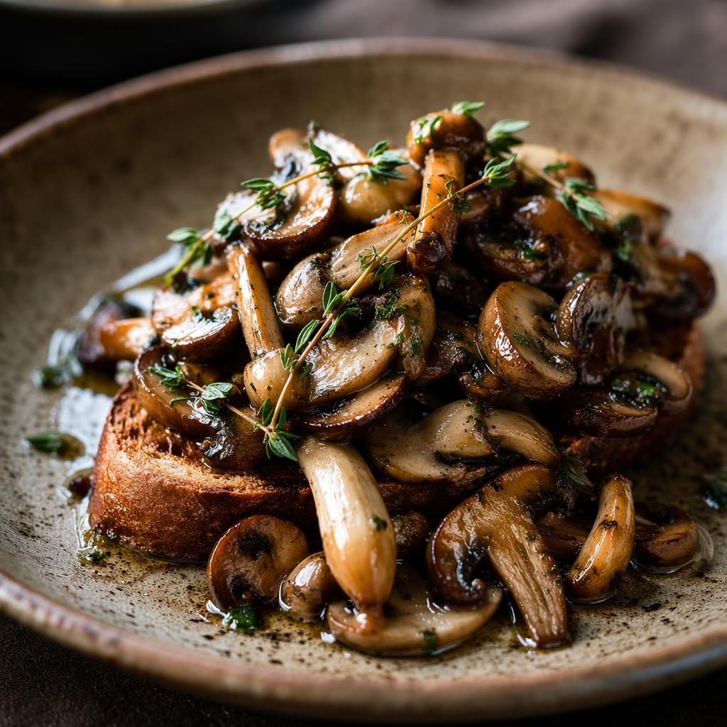 Close-up macro of an artfully plated mushroom dish in warm natural light with sharp focus and a softly blurred background.