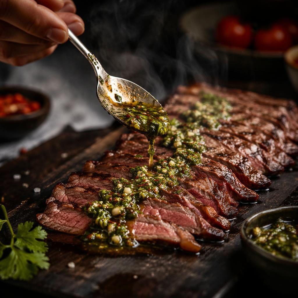 Editorial skirt steak photo on authentic street-food style plating with dramatic steam, moody light, and blurred bistro background