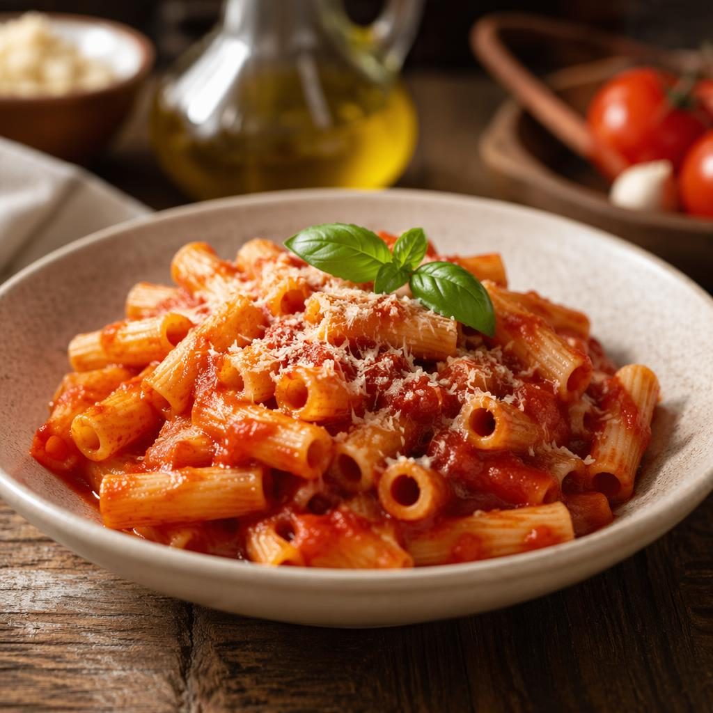 Plato de macarrones con tomate en presentación mediterránea, toma frontal, luz natural y fondo desenfocado.