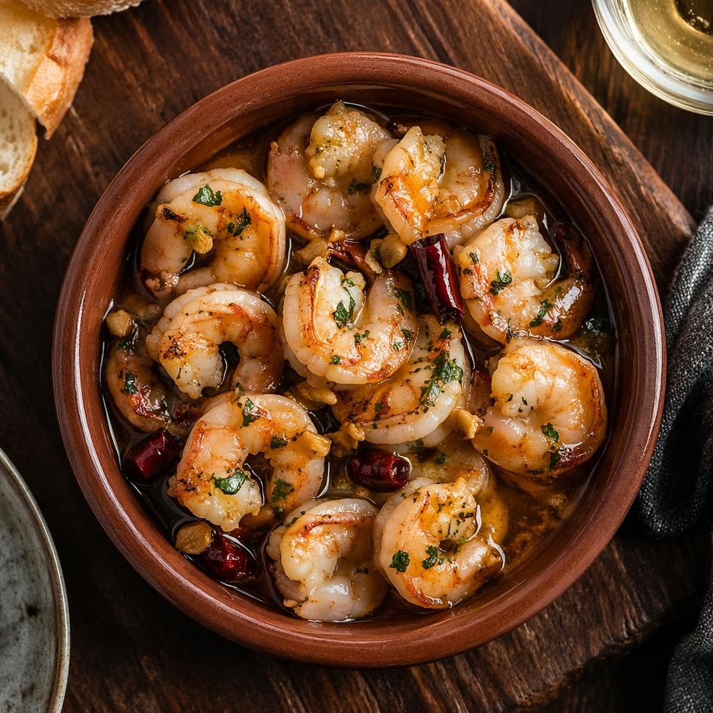 Plato de gambas al ajillo visto desde arriba, con luz natural, emplatado minimalista y ambiente rústico