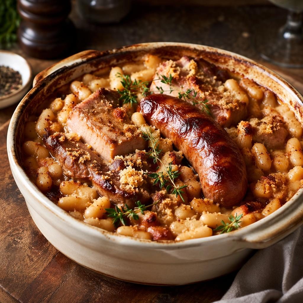 Cassoulet généreux en assiette rustique, photographié à 45 degrés, lumière naturelle, fond flou élégant.