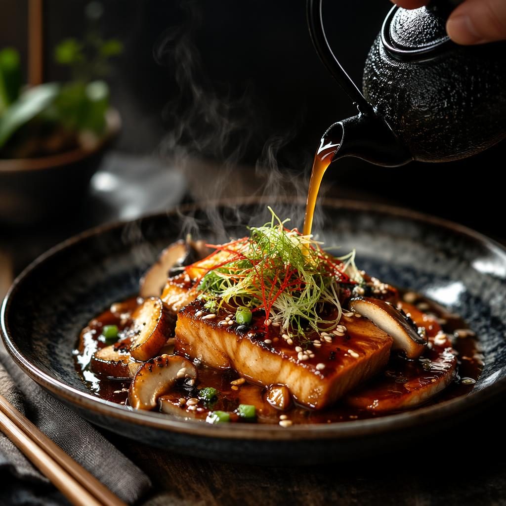 Dark moody editorial food photo of an asian fusion plated dish with steam and sauce pour, sharp focus and blurred background.