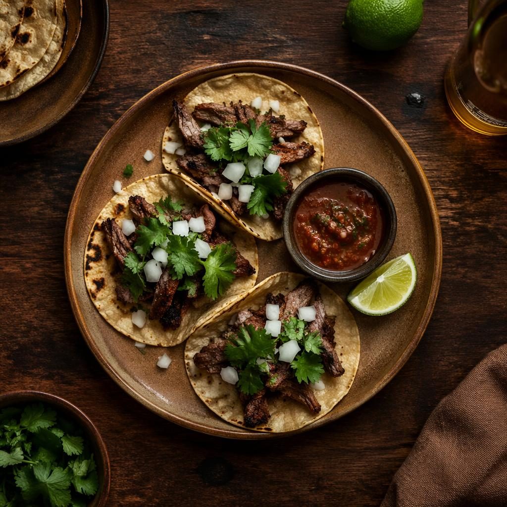 Top-down editorial photo of minimal street food plating on a rustic surface in natural light with earthy tones.